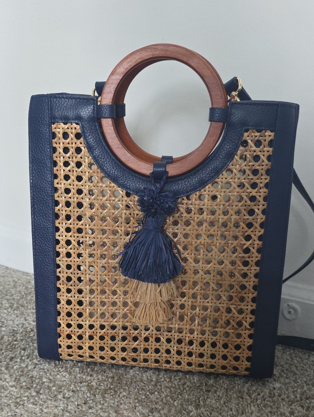 Vineyard Vines Natural Rattan Cane-Weave Tote Bag with Navy Blue Leather Trim.